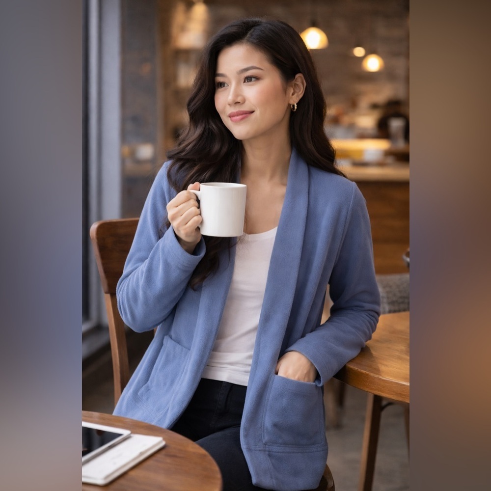 Athleta Blue Gray Fleece Cardigan Petite Friendly Relaxed Fit. XXS